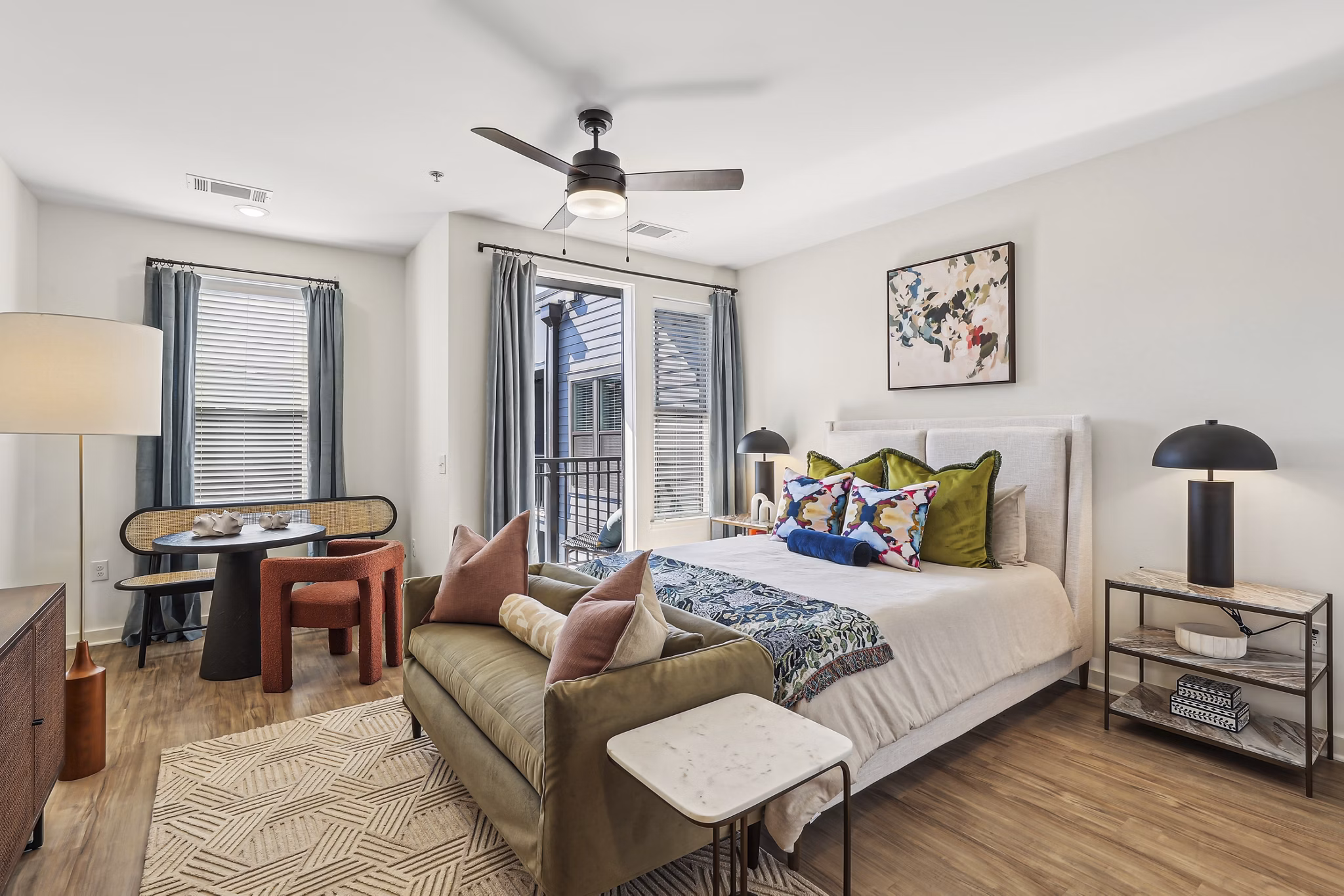 Modern bedroom with elegant furnishings at The Navigator Apartments