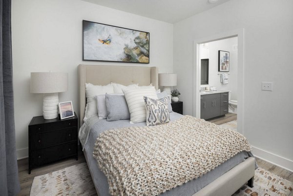 Cozy bedroom featuring modern furniture in Prose Columbus Apartments, a Greystar luxury community