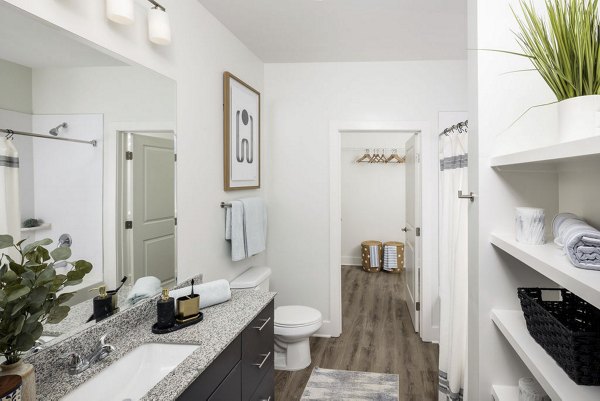 Bathroom featuring elegant modern fixtures at Prose LaGrange Apartments