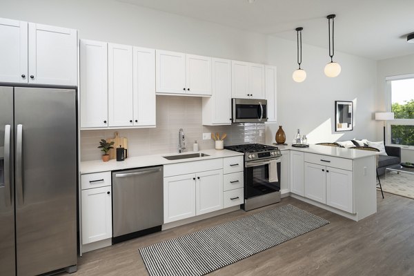 Modern kitchen with stainless steel appliances at Vyne on Haven Apartments, ideal for luxury living enthusiasts