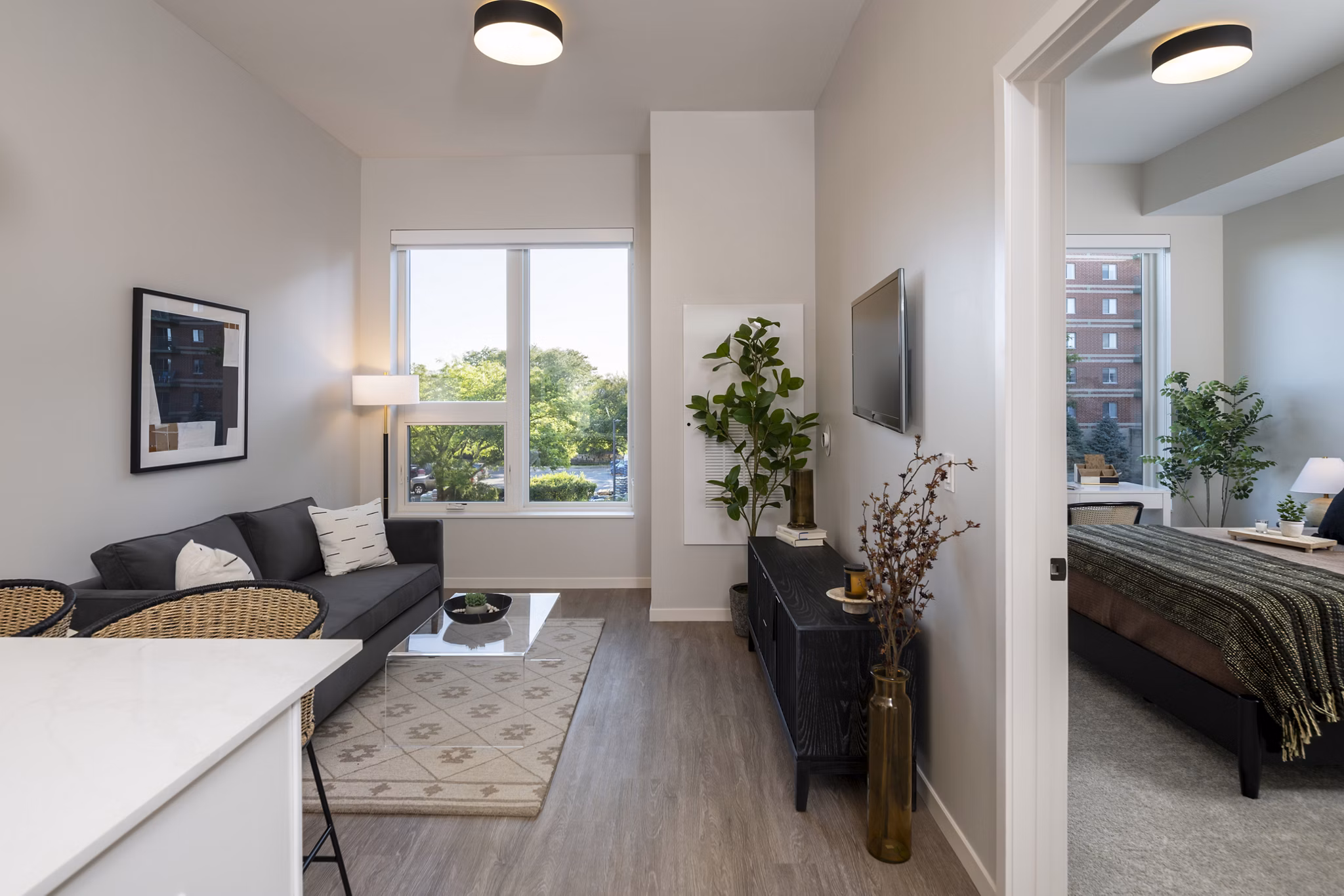 Spacious living room with contemporary design at Vyne on Haven Apartments