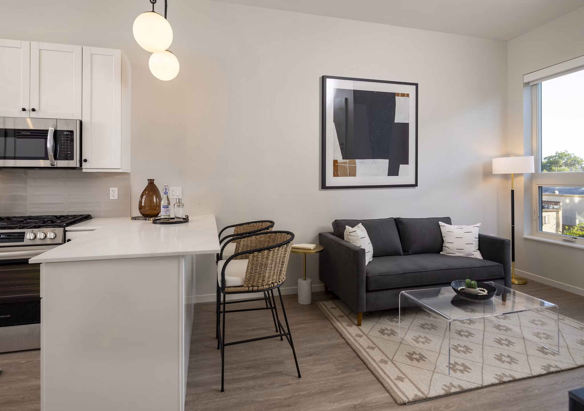 Spacious living room with modern decor at Vyne on Haven Apartments