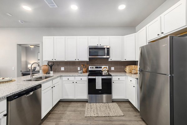 Modern kitchen featuring sleek countertops and stainless steel appliances in The Preserve at Mesa Creek Apartments
