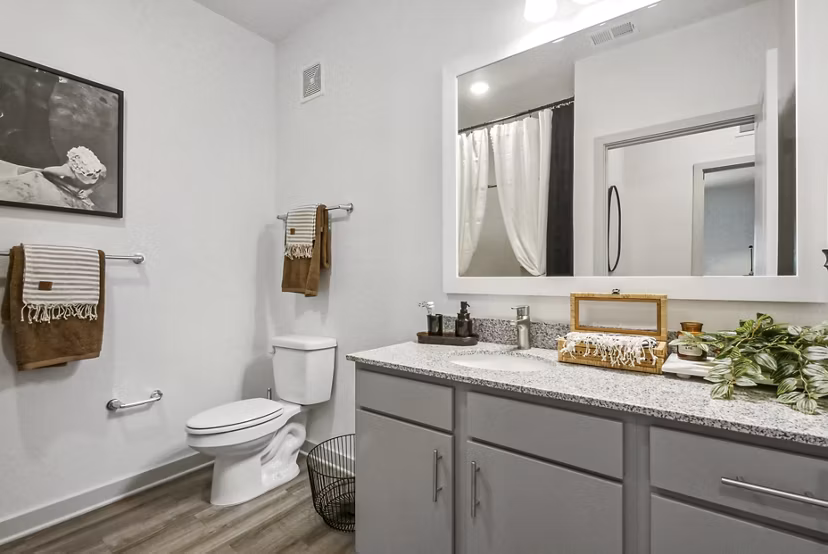 Modern bathroom with sleek fixtures and ample lighting at Advenir at Mallory Lake Apartments