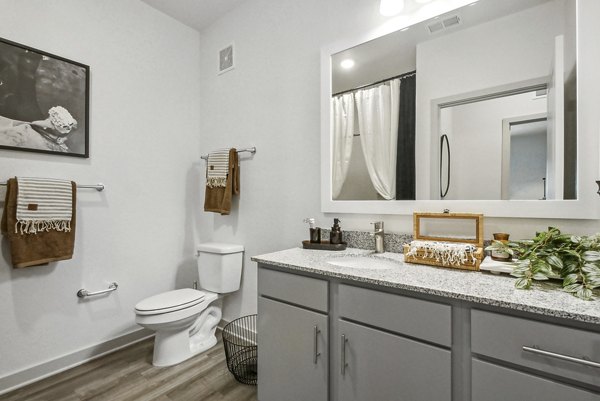 Modern bathroom with sleek fixtures and ample lighting at Advenir at Mallory Lake Apartments