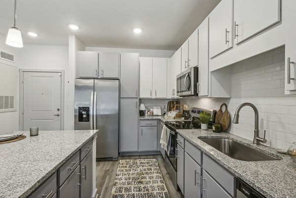 Modern kitchen featuring stainless steel appliances at Advenir at Mallory Lake Apartments