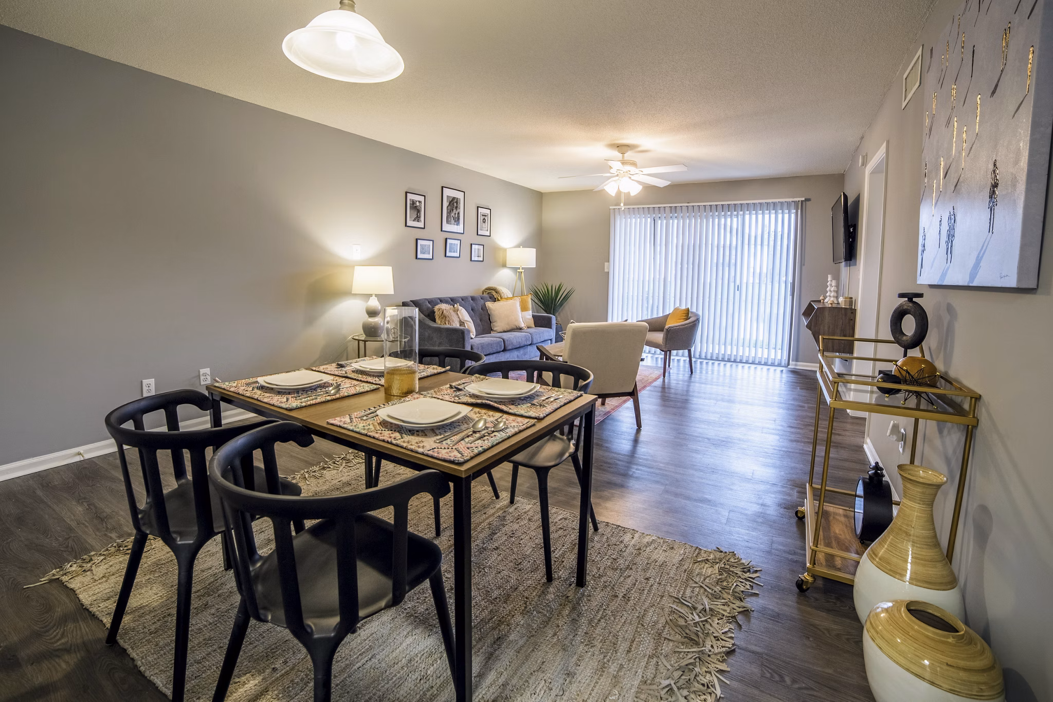 Dining area featuring sleek design and modern furnishings at Wylde at Eagle Creek Apartments