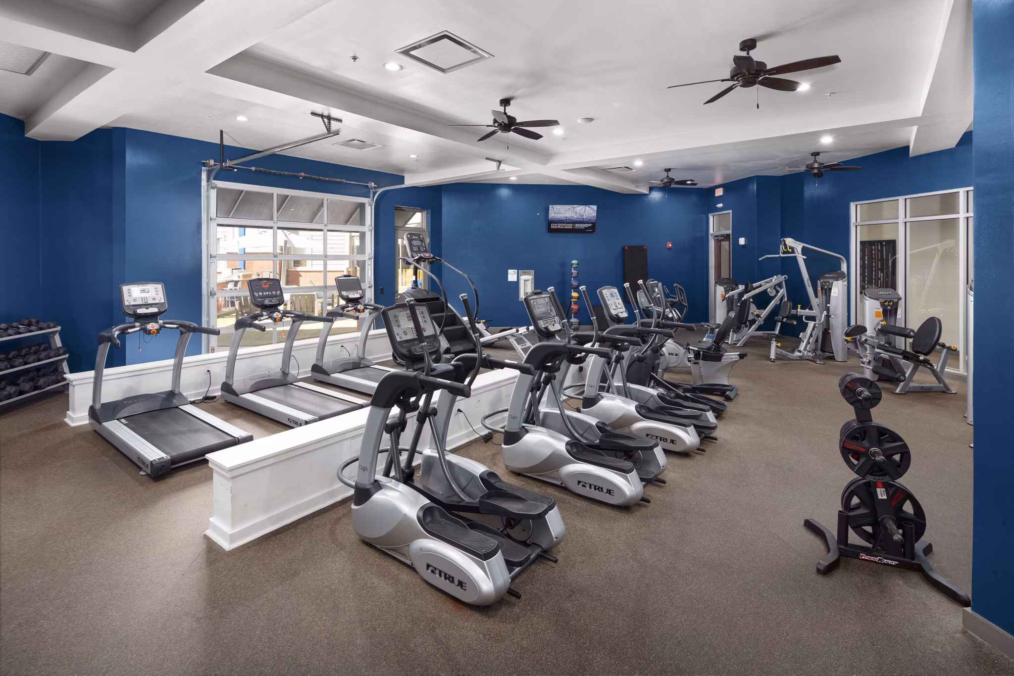 Modern gym featuring treadmills, ellipticals, and weight machines in luxury apartment community