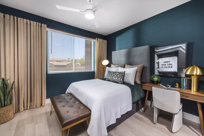 Cozy bedroom with elegant decor at Marlowe Centennial Hills Apartments