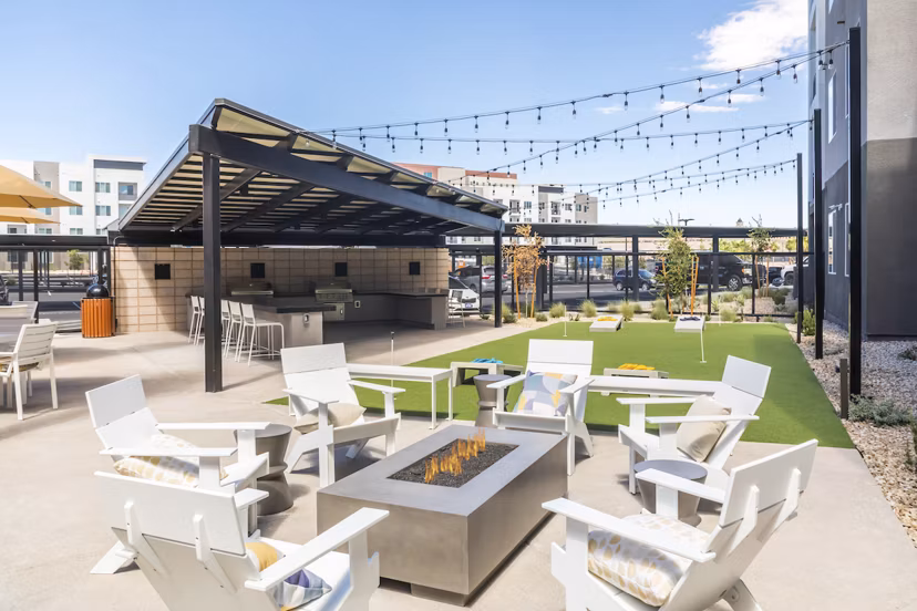 Cozy outdoor seating with fire pit at Marlowe Centennial Hills Apartments