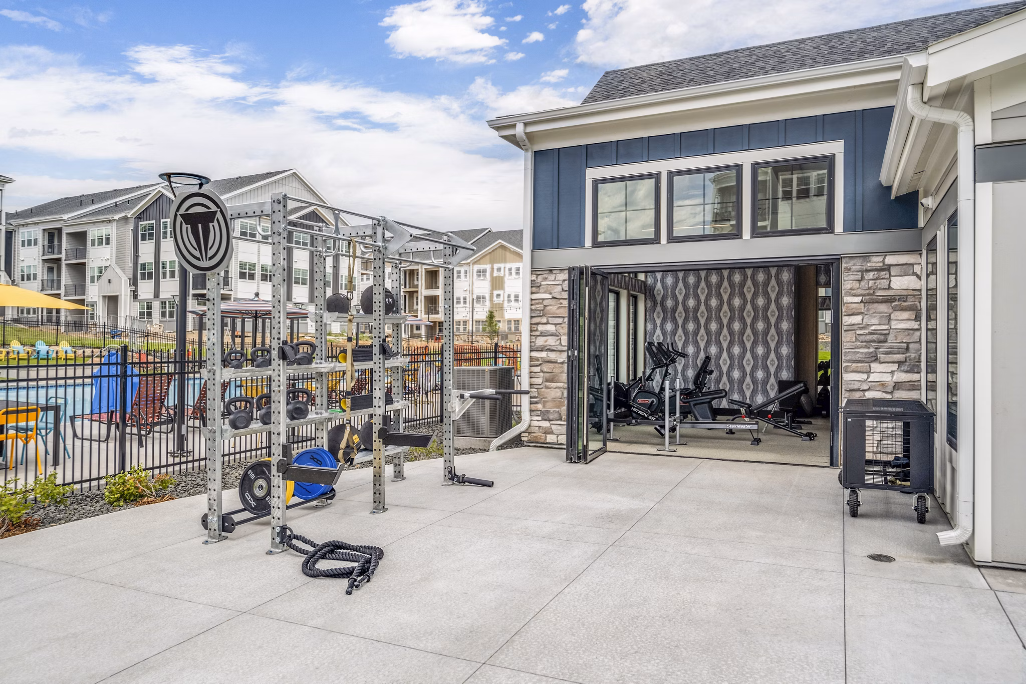 Outdoor fitness center with modern equipment at Lariat Apartments, Greystar luxury apartments community
