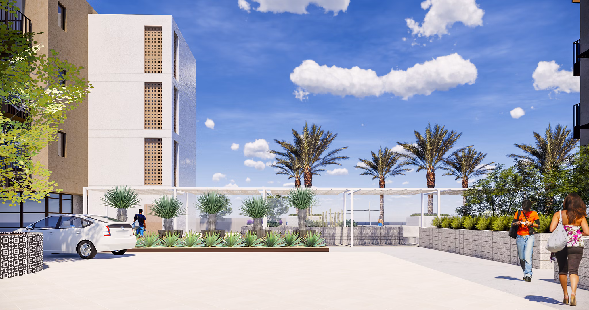 Outdoor swimming pool area with lounge chairs and a luxury apartment building in the background