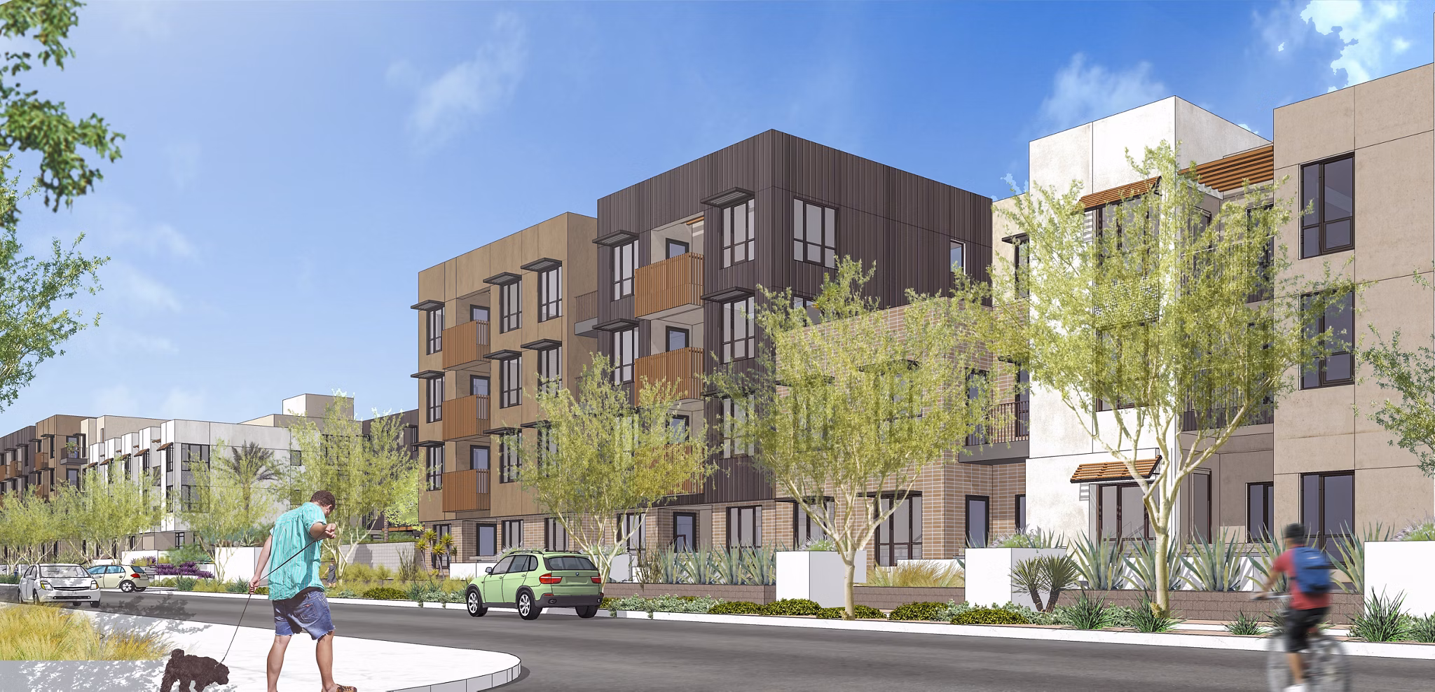 Swimming pool area with red Adirondack chairs and a modern apartment building in the background at luxury apartments