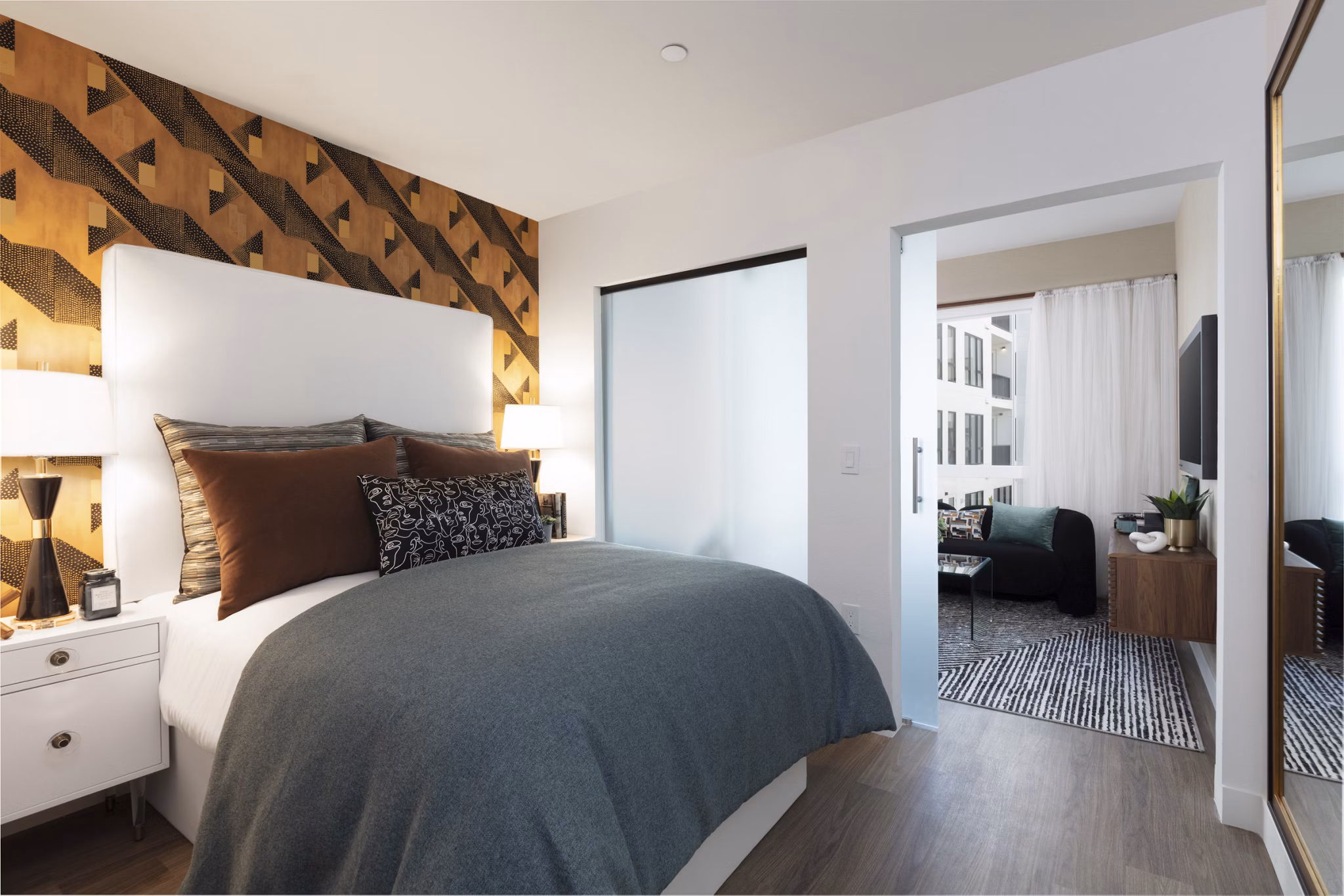 Elegant bedroom with designer furnishings at Vasara Apartments, part of the Greystar luxury apartment collection
