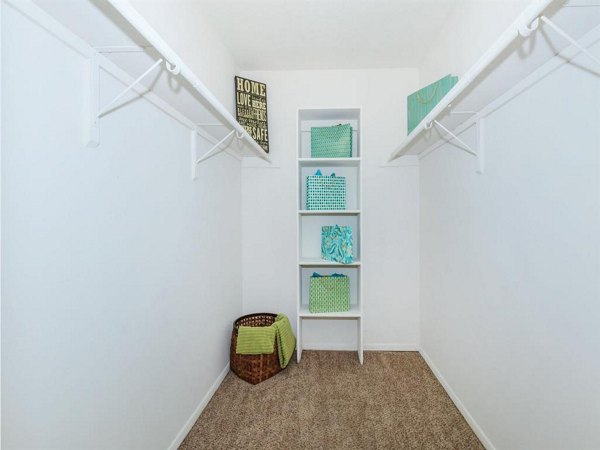 Closet with built-in shelving and ample storage space at The M Club Apartments