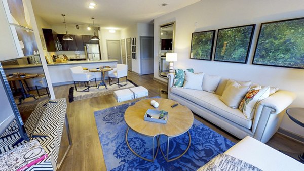 Living room with modern decor and natural light at Indigo at Cross Creek Apartments