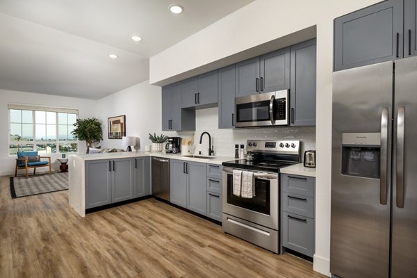 Modern kitchen featuring sleek countertops and stainless steel appliances in Lumia Apartments