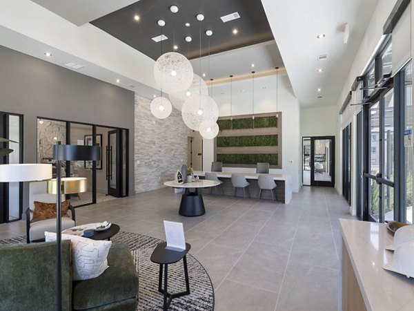 Lobby featuring contemporary design and cozy seating at The Evergrove at Crystal Village Apartments