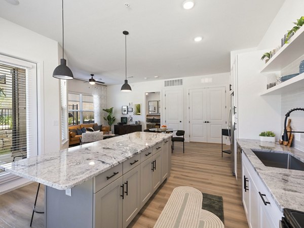 Modern kitchen with stainless steel appliances in The Evergrove at Crystal Village Apartments