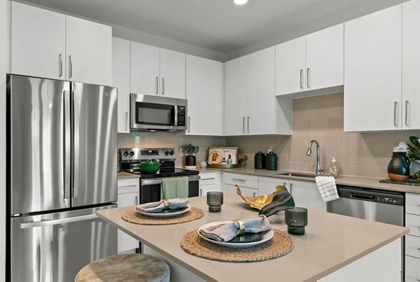 Modern kitchen with stainless steel appliances in Marlowe Ridgeview Apartments, a Greystar luxury community