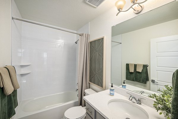 Modern bathroom featuring elegant fixtures in The Cottages at Erie Commons Apartments