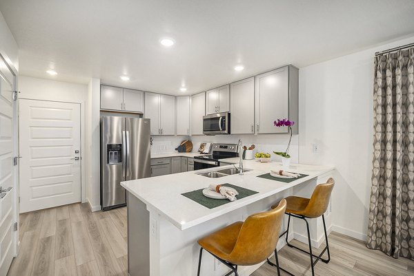 Kitchen with granite countertops and stainless steel appliances at The Cottages at Erie Commons Apartments