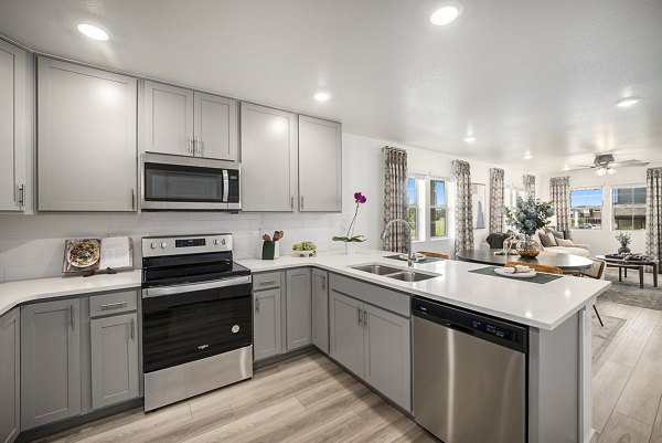 Modern kitchen with stainless steel appliances at The Cottages at Erie Commons Apartments in a Greystar community
