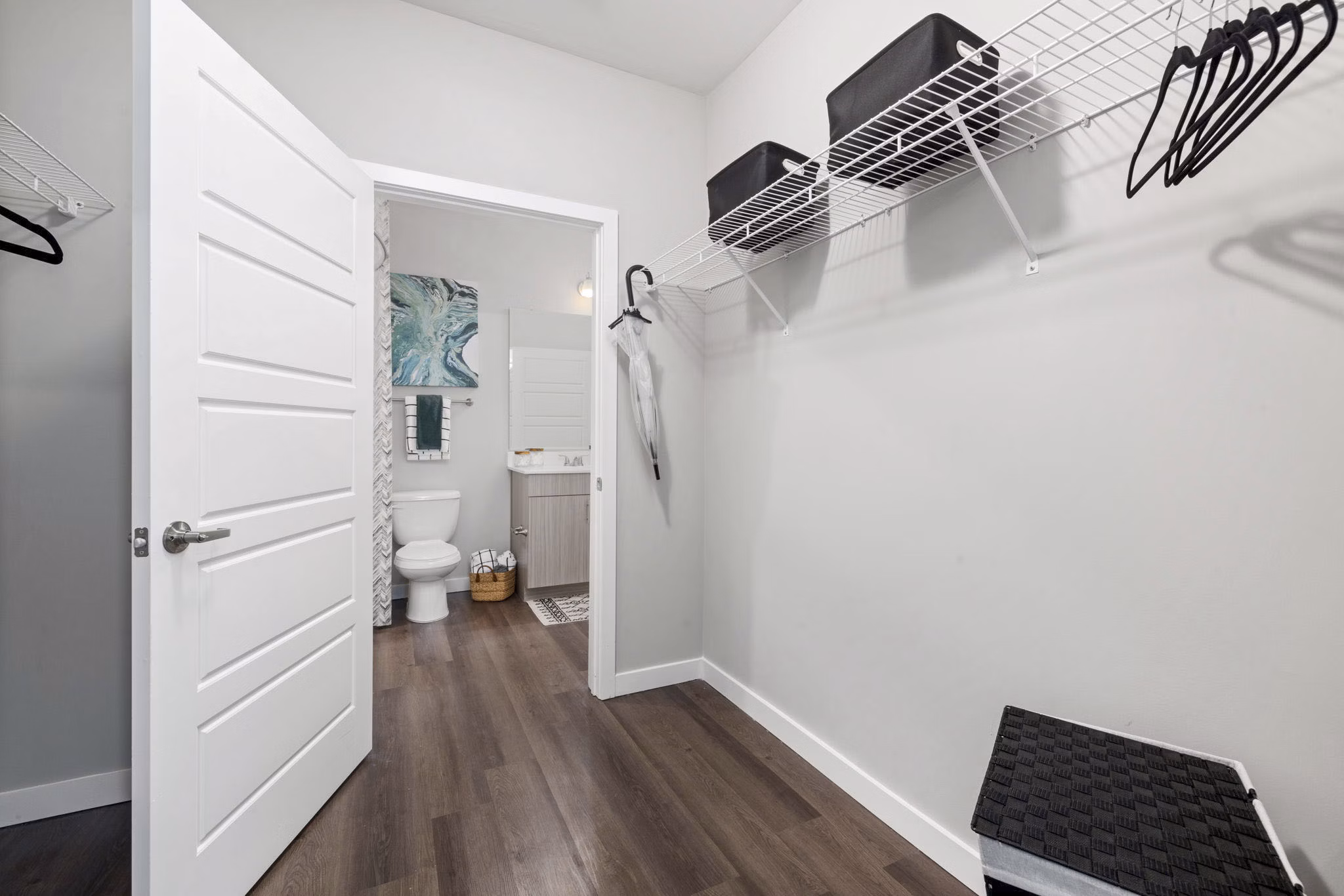 Walk-in bedroom closet with ample shelving in Atlantic Springs Apartments