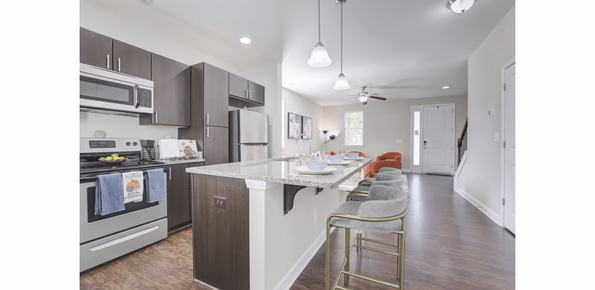 Modern kitchen with stainless steel appliances in Charleston Row Townhomes
