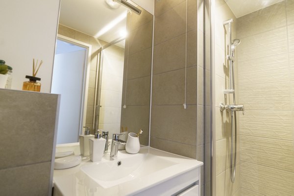 Modern bathroom with a shower and a vanity.