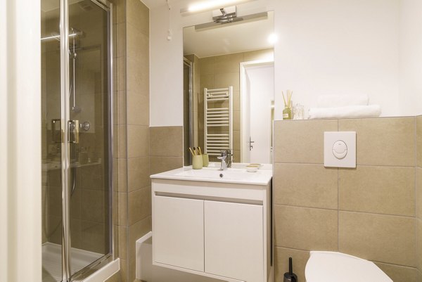 Modern bathroom with a shower, vanity, and toilet.