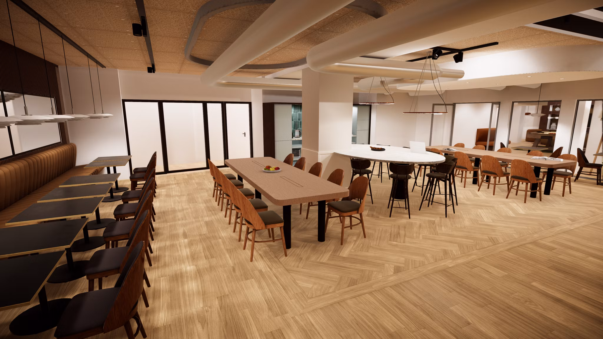 Dining area with multiple tables and chairs in a spacious room.