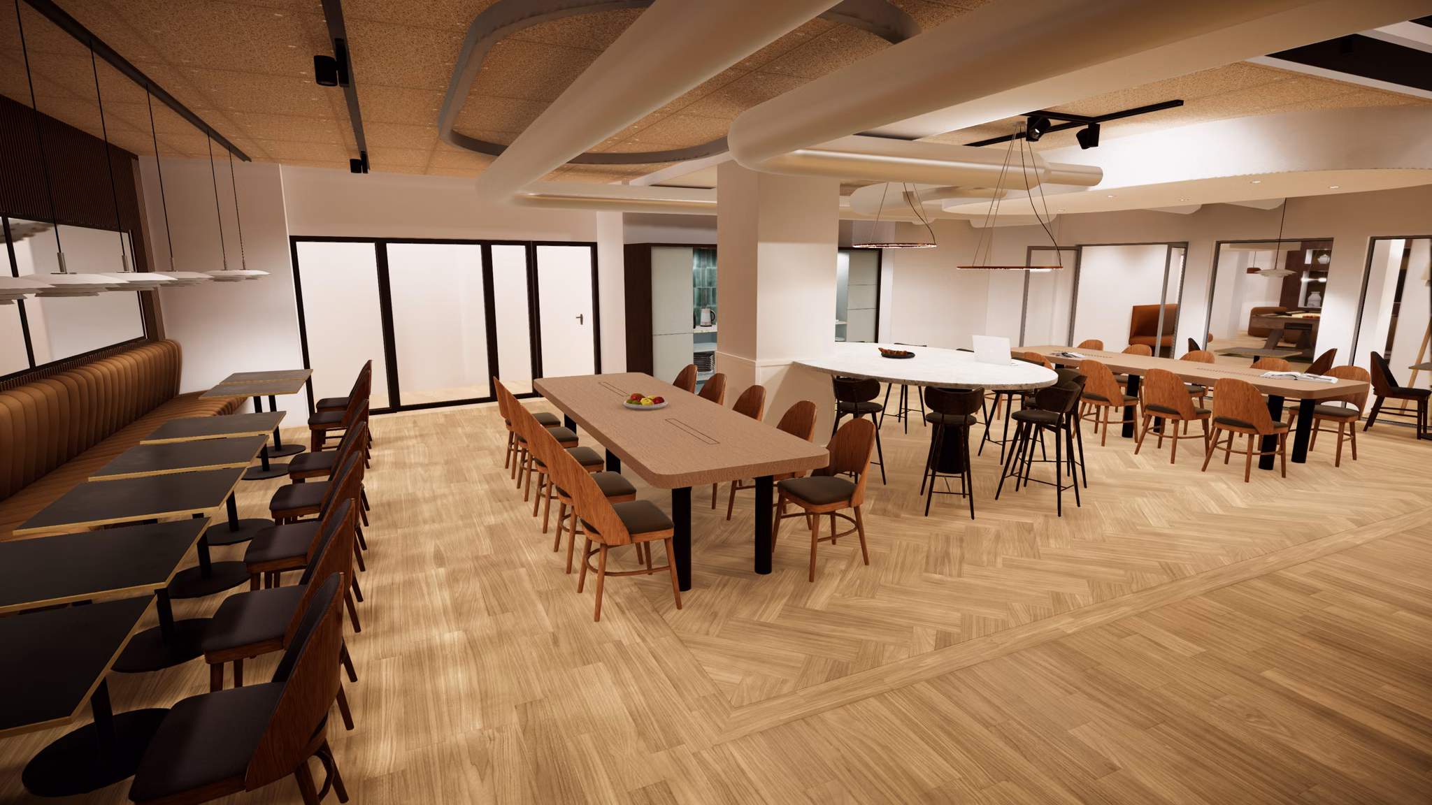 Dining area with multiple tables and chairs in a spacious room.