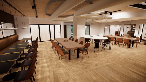 Dining area with multiple tables and chairs in a spacious room.