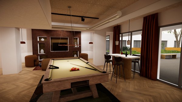 Game room with a pool table, seating area, and bar stools