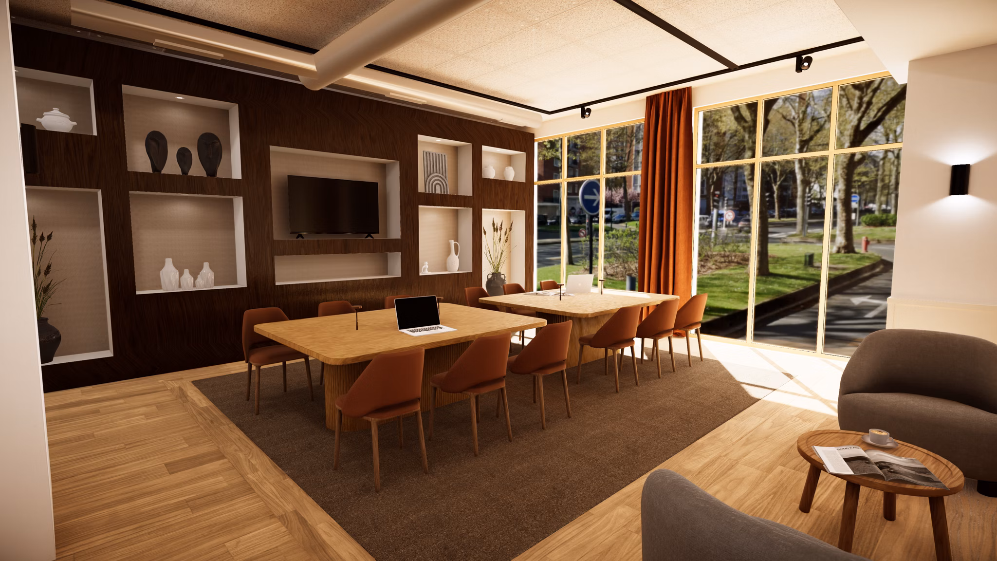 Meeting room with tables, chairs, and large windows.