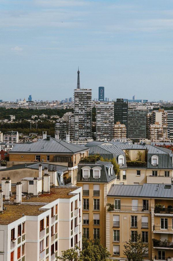 Skyline view of Paris with the Eiffel Tower in the background and various buildings in the foreground.