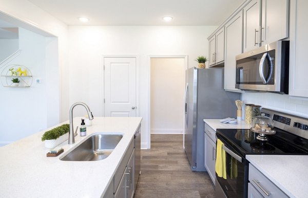 Modern kitchen with stainless steel appliances at Reve on the Creek Apartments luxury apartments in a serene setting