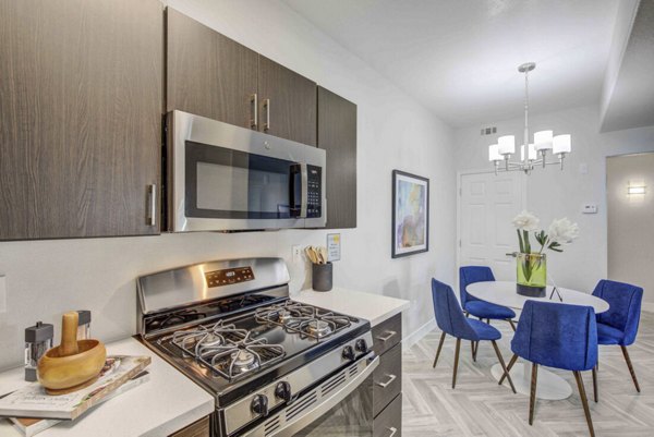 Kitchen with sleek countertops and stainless steel appliances in Citron Apartments