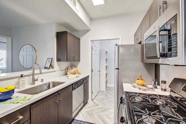 Modern kitchen with stainless steel appliances and granite countertops at Citron Apartments