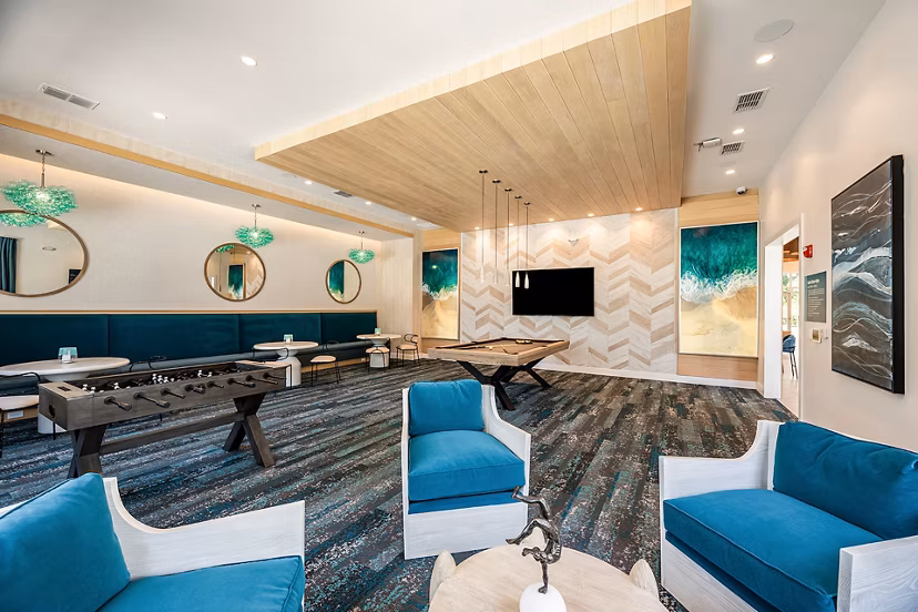 Luxurious clubhouse with modern decor at Perla Apartments in downtown Los Angeles