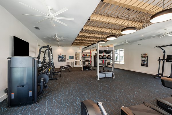 Fully-equipped fitness center featuring modern gym equipment at Perla Apartments, a luxury living community by Greystar