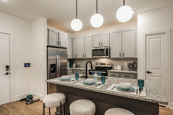Modern kitchen featuring sleek countertops and stainless steel appliances in Perla Apartments
