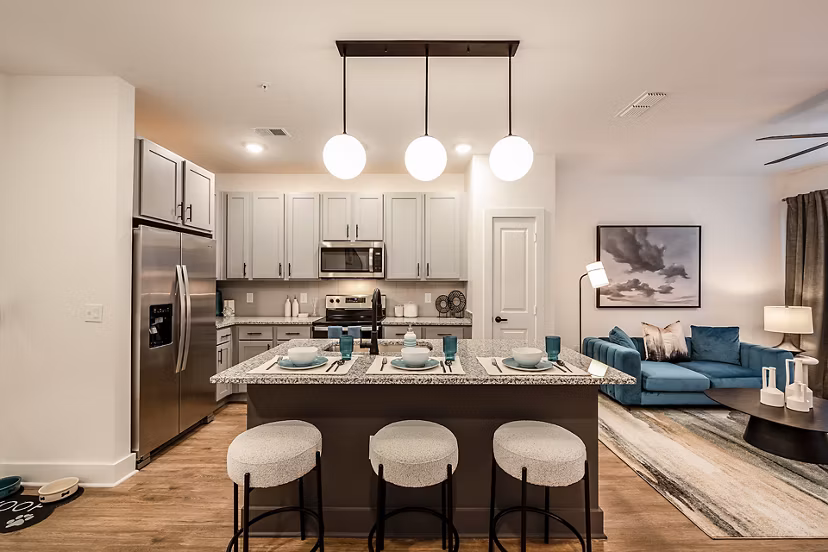 Modern kitchen with stainless steel appliances in Perla Apartments luxury living