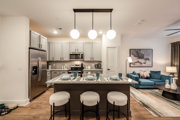 Modern kitchen with stainless steel appliances in Perla Apartments luxury living