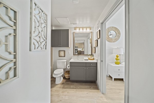 Modern bathroom with sleek finishes at Emerson at Trace Apartments