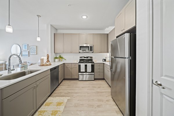 Modern kitchen with stainless steel appliances and granite countertops at Emerson at Trace Apartments in luxury community