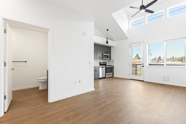 Spacious kitchen with modern appliances in Hudson West Apartments