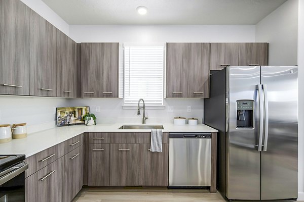 Modern kitchen with stainless steel appliances in Calypso Apartments, featuring sleek countertops and ample cabinetry