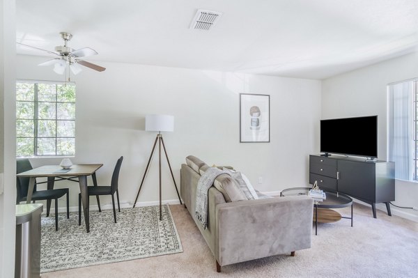 Spacious living room with modern furnishings at Ygnacio Village Apartments